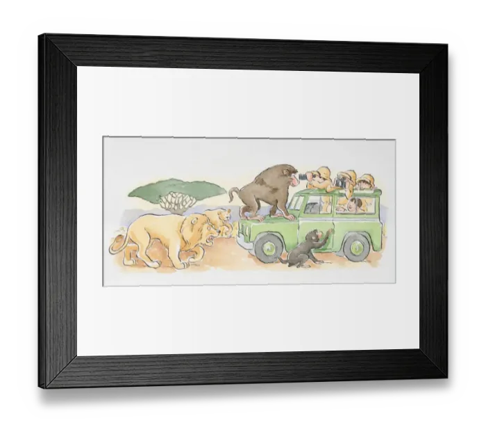 Framed Print : A safari jeep with monkeys climbing on it, lions following close behind Framed Print : A safari jeep with monkeys climbing on it, lions following close behind