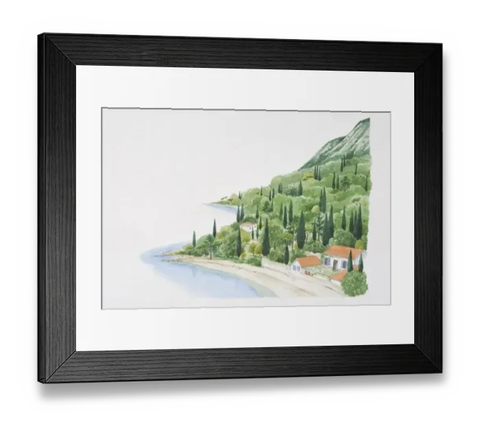 Framed Print : Mediterranean landscape showing house on beach at bottom of wooded hillside