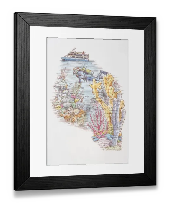 Framed Print : Ocean diver in colourful underwater landscape, passenger boat passing by overhead Framed Print : Ocean diver in colourful underwater landscape, passenger boat passing by overhead