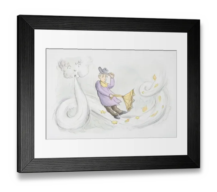 Framed Print : Man in purple coat caught up in storm holding on to his umbrella and hat Framed Print : Man in purple coat caught up in storm holding on to his umbrella and hat