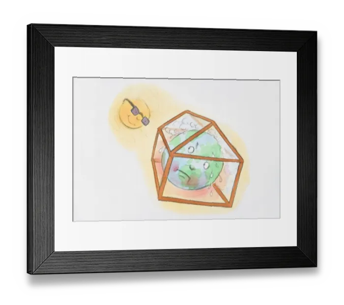 Framed Print : Sun looking down at earth trapped and sweating in greenhouse Framed Print : Sun looking down at earth trapped and sweating in greenhouse