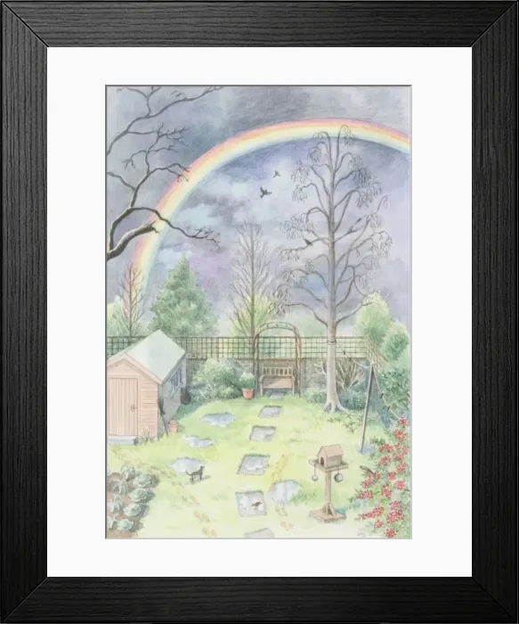 Framed Print : Rainbow arching over domestic garden, against cloudy sky Framed Print : Rainbow arching over domestic garden, against cloudy sky