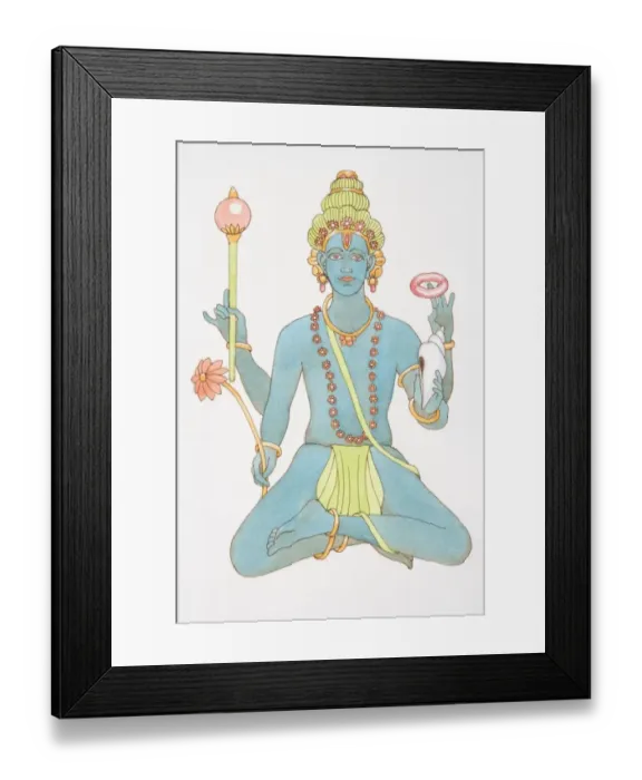 Framed Print : Hindu god Vishnu, sitting cross legged and holding conch, sceptre, bracelet and flower in his four hands Framed Print : Hindu god Vishnu, sitting cross legged and holding conch, sceptre, bracelet and flower in his four hands