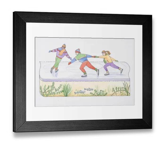 Framed Print : Three ice-skaters on frozen pond or lake, cross section showing underwater flora and fauna below