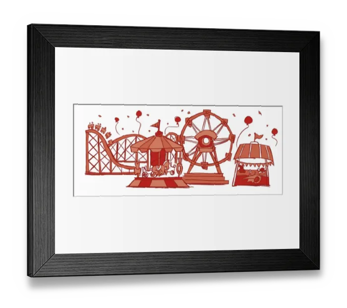 Framed Print : Fairground attractions including rollercoaster, big wheel, carousel and a stall with balls to throw at targets, balloons flying overhead Framed Print : Fairground attractions including rollercoaster, big wheel, carousel and a stall with balls to throw at targets, balloons flying overhead