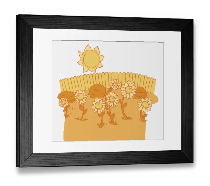 Framed Print : Illustration in shades of yellow, seven sunflowers and three bushes, fence in background, sun shining overhead Framed Print : Illustration in shades of yellow, seven sunflowers and three bushes, fence in background, sun shining overhead