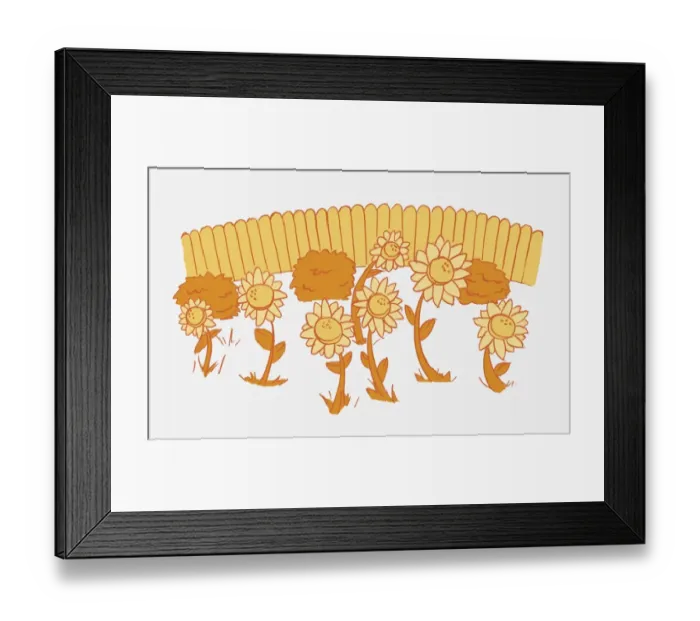 Framed Print : Illustration in shades of orange, Helianthus sp. seven sunflowers and three bushes, fence in background Framed Print : Illustration in shades of orange, Helianthus sp. seven sunflowers and three bushes, fence in background