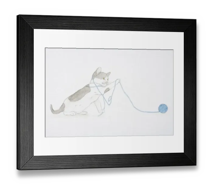 Framed Print : Illustration, black and white kitten playing with ball of wool Framed Print : Illustration, black and white kitten playing with ball of wool