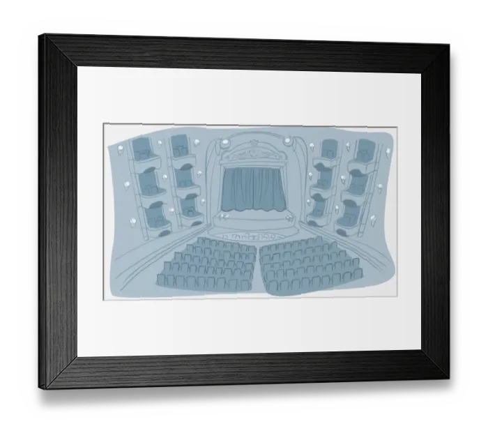Framed Print : Illustration in light blue, theatre, indoor view of auditorium including stalls and boxes, orchestra pit and stage with closed curtain, high angle view Framed Print : Illustration in light blue, theatre, indoor view of auditorium including stalls and boxes, orchestra pit and stage with closed curtain, high angle view