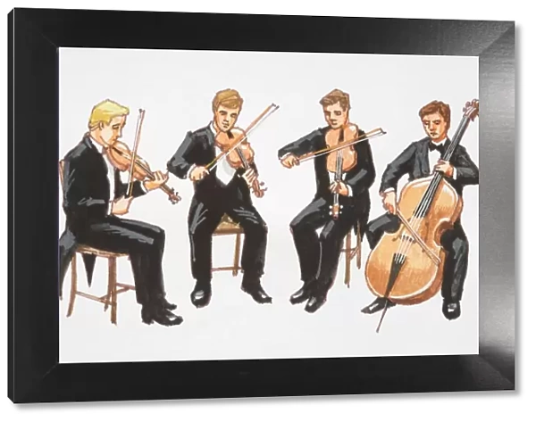 Illustration, string quartet, four sitting men in tuxedos playing two violins, a viola and cello, front view
