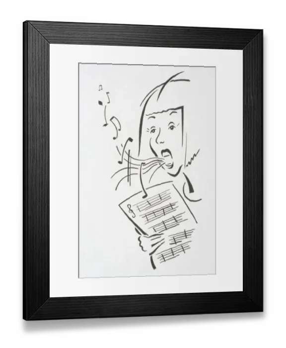 Framed Print : Woman holding staved sheets for musical notation singing with notes flying out of her mouth, front view Framed Print : Woman holding staved sheets for musical notation singing with notes flying out of her mouth, front view