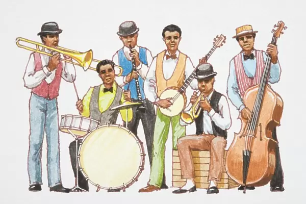 Illustration, jazz band, six men wearing bow ties and waistcoats playing trumpet, trombone, drums, clarinet, banjo and double bass, front view