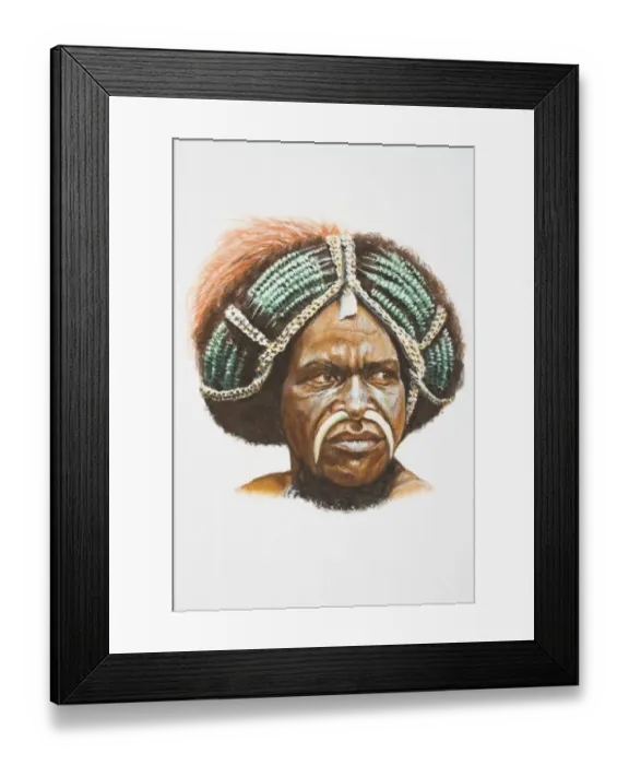 Framed Print : Illustration, Papua New Guinean tribesman wearing headdress, his face decorated with tusks Framed Print : Illustration, Papua New Guinean tribesman wearing headdress, his face decorated with tusks