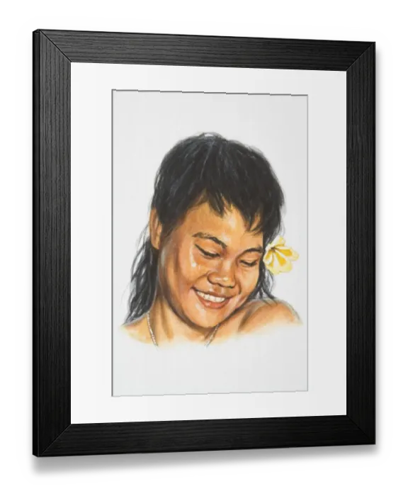 Framed Print : Illustration, female native inhabitant of the Pacific Islands, smiling, her hair decorated with a flower Framed Print : Illustration, female native inhabitant of the Pacific Islands, smiling, her hair decorated with a flower