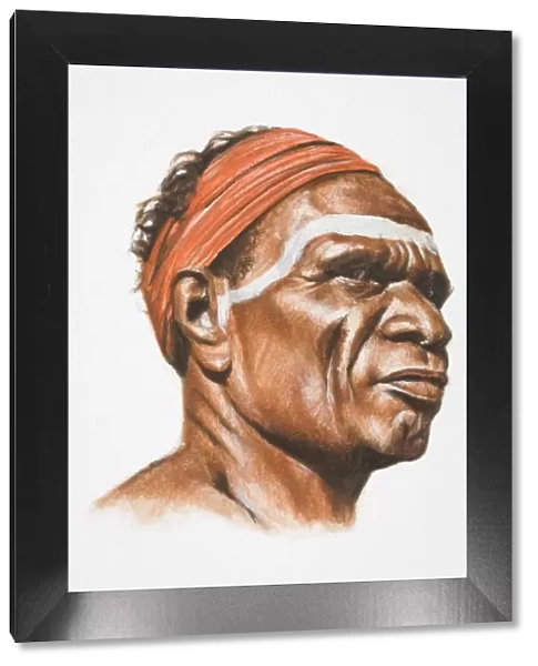 Illustration, Aboriginal tribesman wearing red headband, profile