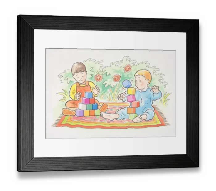 Framed Print : Two toddlers on rug building with square bricks