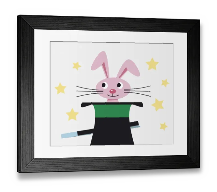 Framed Print : Rabbit appearing from a hat, magic wand, stars, illustration Framed Print : Rabbit appearing from a hat, magic wand, stars, illustration