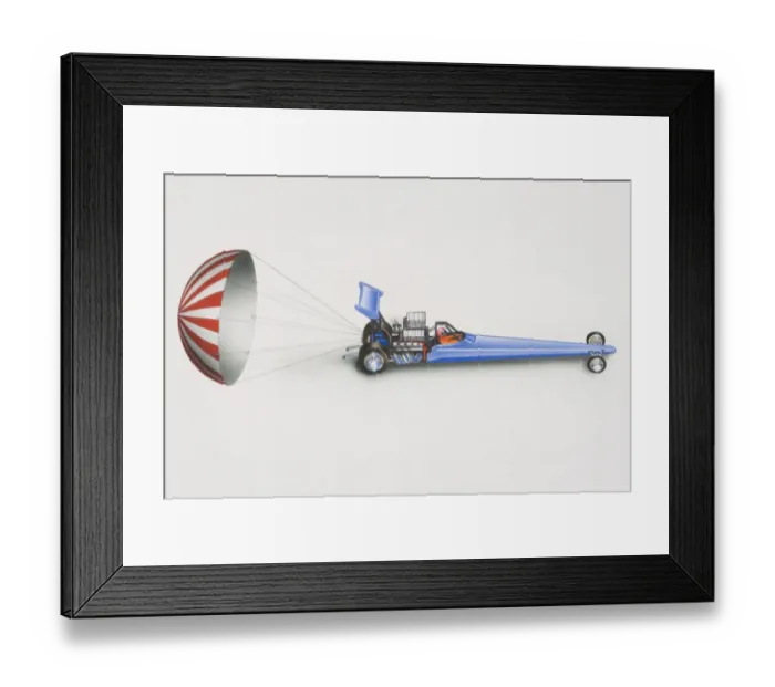 Framed Print : Illustration, blue drag racing car with released parachute at the back, side view Framed Print : Illustration, blue drag racing car with released parachute at the back, side view