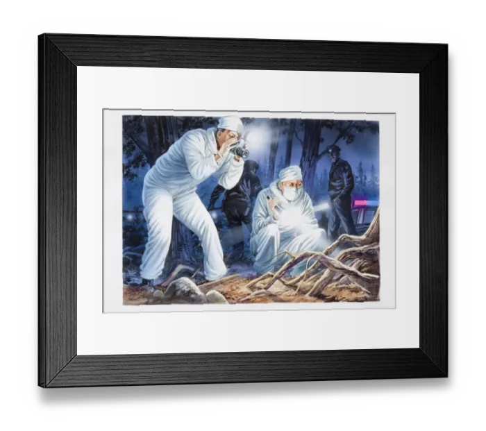 Framed Print : Illustration, two forensic officers in white boiler suits holding torch and taking photographs in forest location at night, police car and officers in background Framed Print : Illustration, two forensic officers in white boiler suits holding torch and taking photographs in forest location at night, police car and officers in background