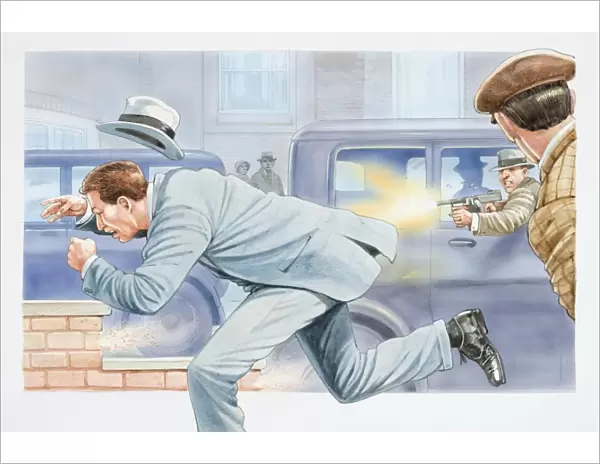 Illustration, crime scene, man in street being fired at with shotgun from car window, both men in suits and fedora hats, pair of onlookers in background