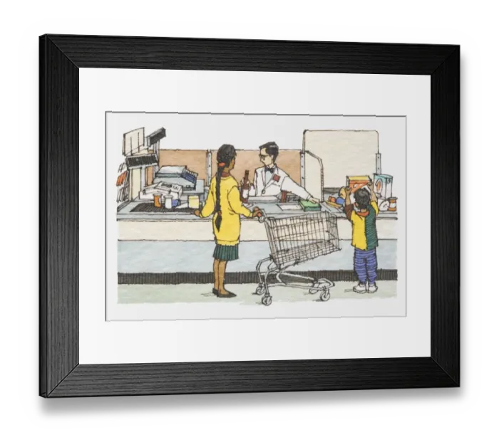 Framed Print : Illustration, mother and son standing at supermarket checkout counter with emptied trolley Framed Print : Illustration, mother and son standing at supermarket checkout counter with emptied trolley