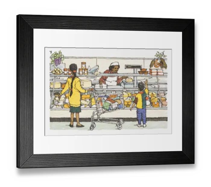 Framed Print : Illustration, mother and son being served standing in front of supermarket meat and cheese counter Framed Print : Illustration, mother and son being served standing in front of supermarket meat and cheese counter