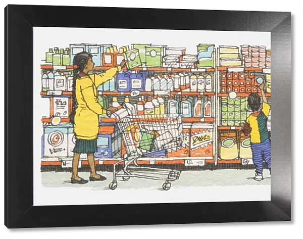 Illustration, mother and son standing in front of supermarket rack containing washing powders, cleaners and canned products