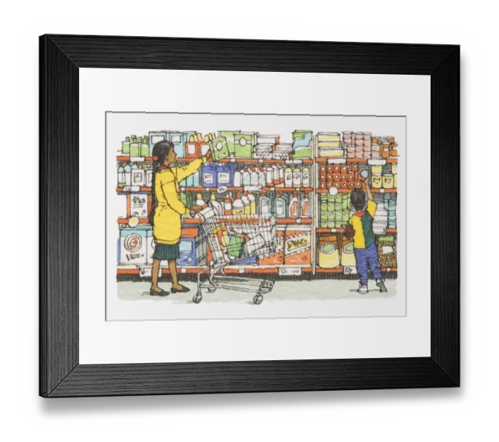 Framed Print : Illustration, mother and son standing in front of supermarket rack containing washing powders, cleaners and canned products Framed Print : Illustration, mother and son standing in front of supermarket rack containing washing powders, cleaners and canned products