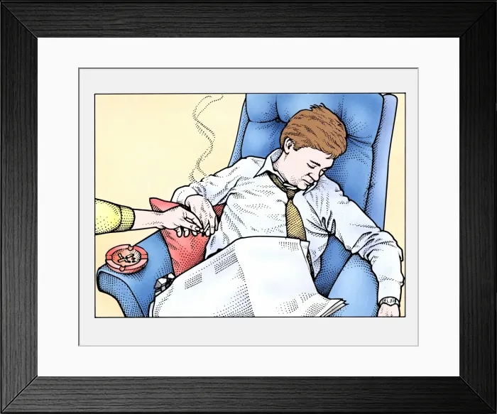 Framed Print : Man smoking, fallen asleep, cigarette being removed by another person Framed Print : Man smoking, fallen asleep, cigarette being removed by another person