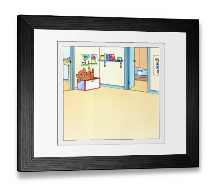 Framed Print : A room with toys, bedroom, bathroom visible in adjacent rooms, illustration Framed Print : A room with toys, bedroom, bathroom visible in adjacent rooms, illustration