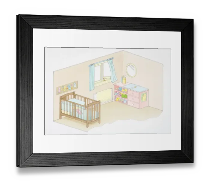Framed Print : Illustration, babys bedroom designed according to child-safety principles, elevated view