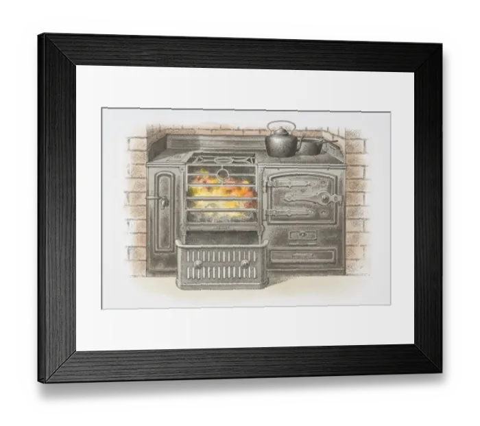 Framed Print : Illustration, iron kitchen stove burning coal Framed Print : Illustration, iron kitchen stove burning coal