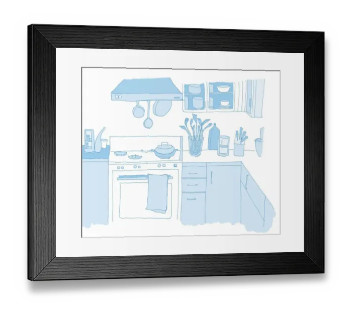 Framed Print : Illustration in light blue, kitchen arranged around right angle, including cooker with oven, pans dangling from cooker hood, glass cupboards on wall, and plants, cutlery and kitchen utensils on work surfaces Framed Print : Illustration in light blue, kitchen arranged around right angle, including cooker with oven, pans dangling from cooker hood, glass cupboards on wall, and plants, cutlery and kitchen utensils on work surfaces