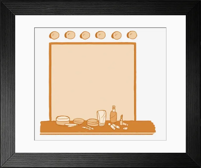 Framed Print : Illustration, dressing room mirror with six light bulbs on top and range of make-up on board at bottom Framed Print : Illustration, dressing room mirror with six light bulbs on top and range of make-up on board at bottom