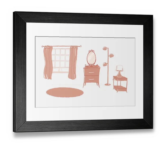 Framed Print : Illustration in brown, showing room with single window and pulled back curtains, furnished with table mirror on top of narrow chest of drawers, lamp stand with three lights, another lamp on console table, round rug on floor Framed Print : Illustration in brown, showing room with single window and pulled back curtains, furnished with table mirror on top of narrow chest of drawers, lamp stand with three lights, another lamp on console table, round rug on floor