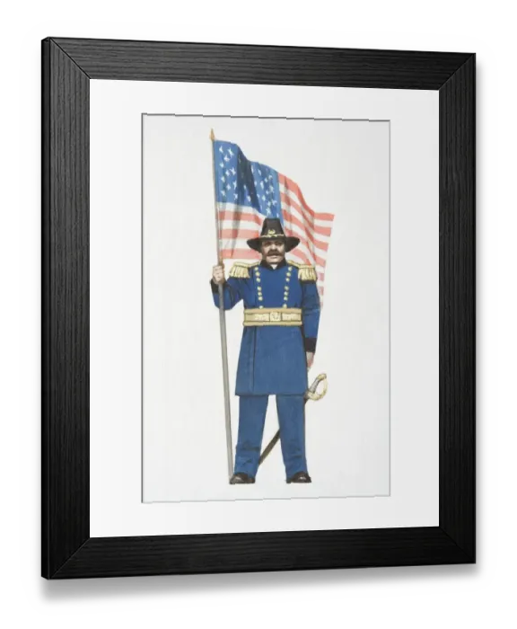 Framed Print : Illustration, American Civil War Union soldier holding stars and stripes flag