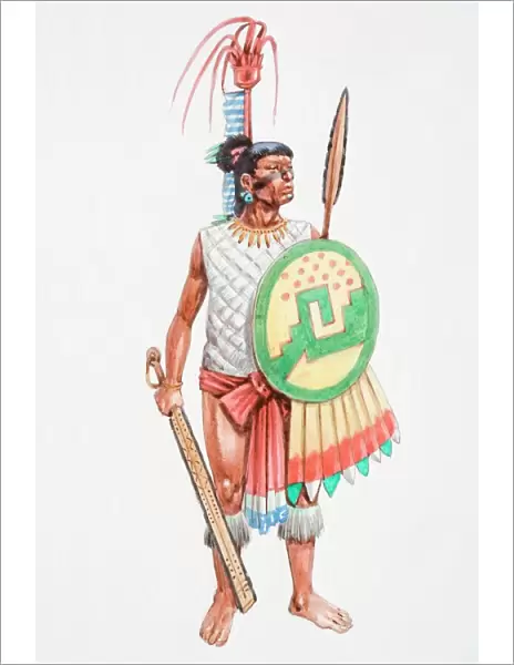 Illustration, Aztec apprentice warrior clad in loincloth carrying a spear-thrower (Atlatl) and oak darts with a stone point
