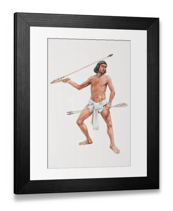 Framed Print : Illustration, Aztec warrior in armour carrying yellow-green and red dotted shield, spear and oak broadsword Framed Print : Illustration, Aztec warrior in armour carrying yellow-green and red dotted shield, spear and oak broadsword