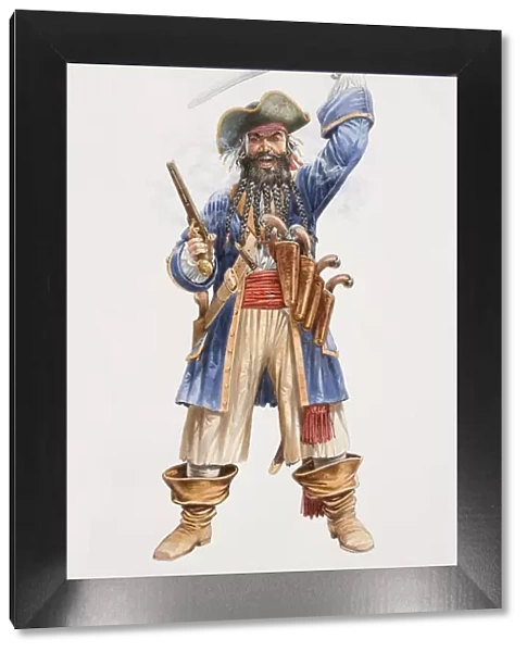Illustration, the infamous pirate Blackbeard hurling sword above his head in one hand and holding pistol in the other, belt with four sheathed pistols hanging from his shoulder, plaited beard and loose-fitting boots, front view