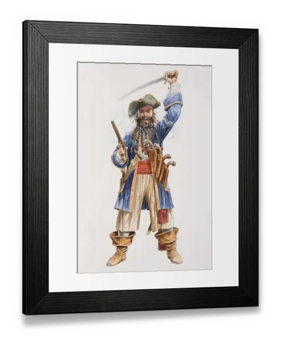 Framed Print : Illustration, the infamous pirate Blackbeard hurling sword above his head in one hand and holding pistol in the other, belt with four sheathed pistols hanging from his shoulder, plaited beard and loose-fitting boots, front view