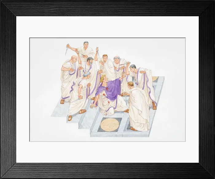 Framed Print : Illustration, Julius Caesar collapsed, wounded, amidst group of Romans brandishing daggers Framed Print : Illustration, Julius Caesar collapsed, wounded, amidst group of Romans brandishing daggers
