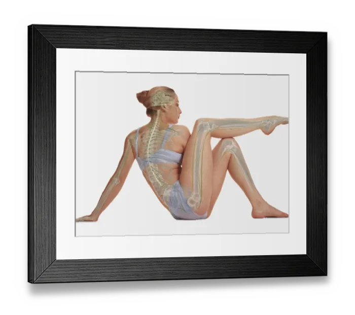 Framed Print : Woman sitting on the floor supported by a hand, one leg resting up on her other knee, illustration overlay showing skeleton and nervous system Framed Print : Woman sitting on the floor supported by a hand, one leg resting up on her other knee, illustration overlay showing skeleton and nervous system