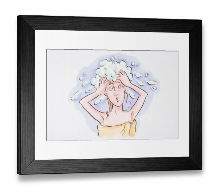 Framed Print : Woman washing her hair, with a towel wrapped around her body
