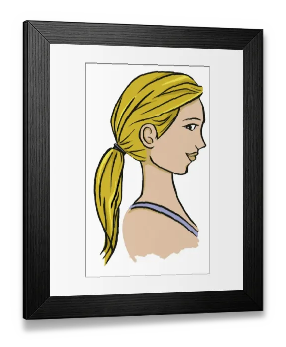 Framed Print : Girl in strap top with long blonde hair tied at back, side view