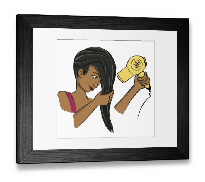 Framed Print : Girl wringing her long dark hair while holding blow dryer in the other hand Framed Print : Girl wringing her long dark hair while holding blow dryer in the other hand