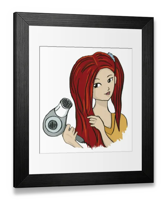 Framed Print : Head of girl blow drying her long red hair, clipped back on one side Framed Print : Head of girl blow drying her long red hair, clipped back on one side