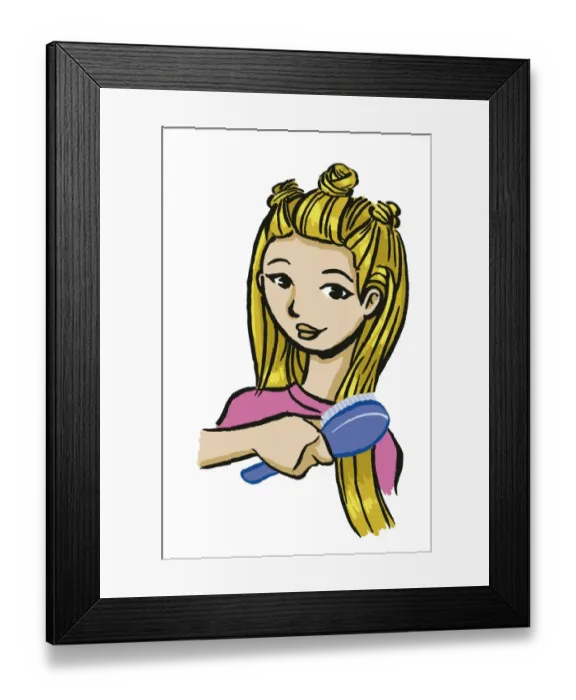 Framed Print : Girl brushing her long blonde hair, dressed in three knots at top Framed Print : Girl brushing her long blonde hair, dressed in three knots at top