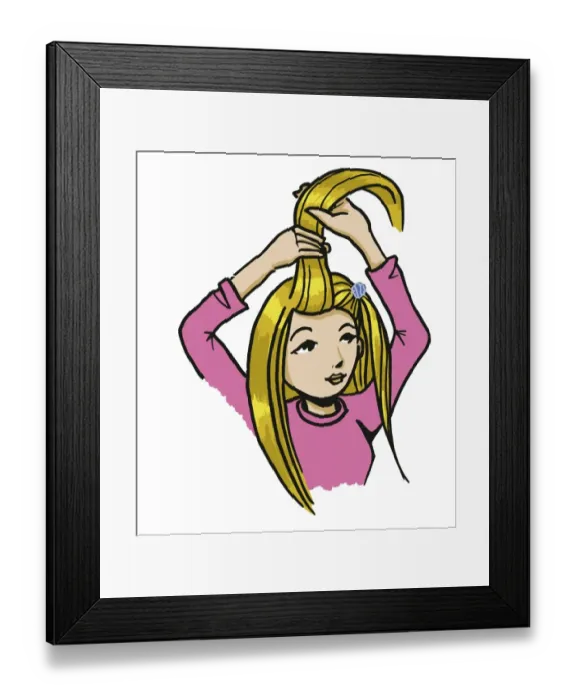 Framed Print : Girl holding up section of her long blonde hair, some of it clipped back at side