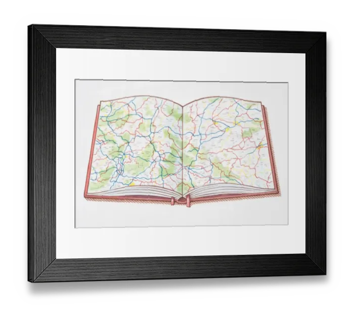 Framed Print : Open atlas, showing road map across double page Framed Print : Open atlas, showing road map across double page