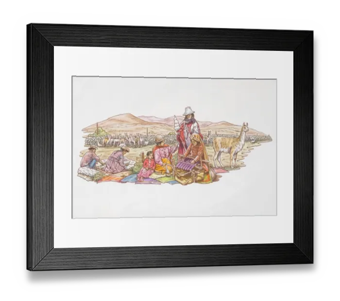 Framed Print : South America, Peru, Group of Peruvian Indians weaving and working on fabrics, herd of llamas and hills in background Framed Print : South America, Peru, Group of Peruvian Indians weaving and working on fabrics, herd of llamas and hills in background
